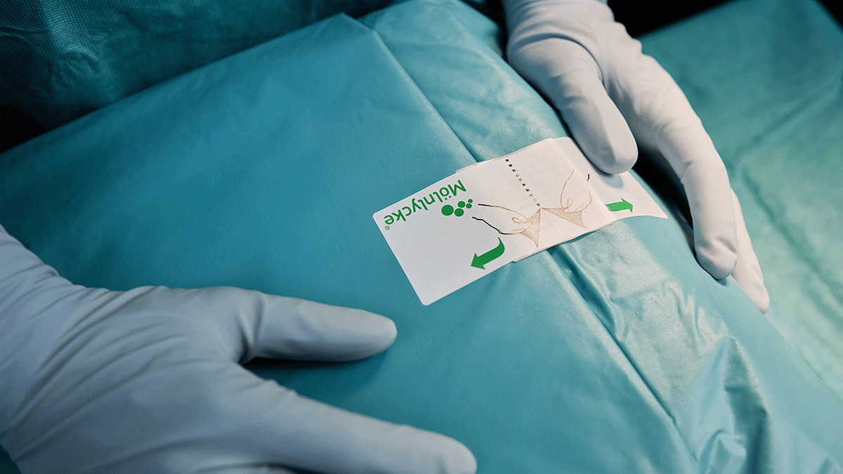 Two gloved hands ready to handle surgical drapes. Photo. 