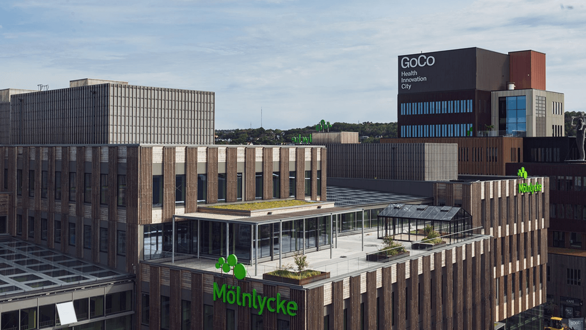 An exterior view of the Mölnlycke Health Care headquarters. Photo. 