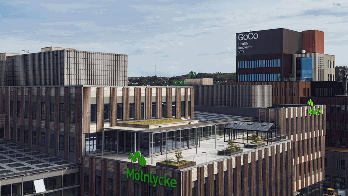 An exterior view of the Mölnlycke Health Care headquarters. Photo. 