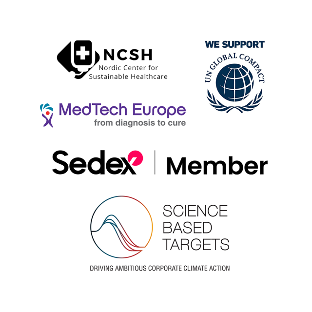 A collection of logos, Nordic Center for Sustainable Healthcare, U.N. Global Compact, MedTech Europe, Sedex Member, Science Based Targets.