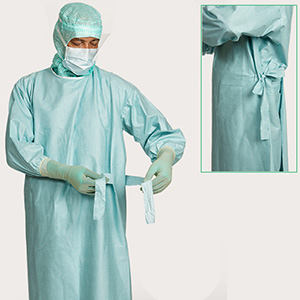 Healthcare professional demonstrating step 9 of gown donning