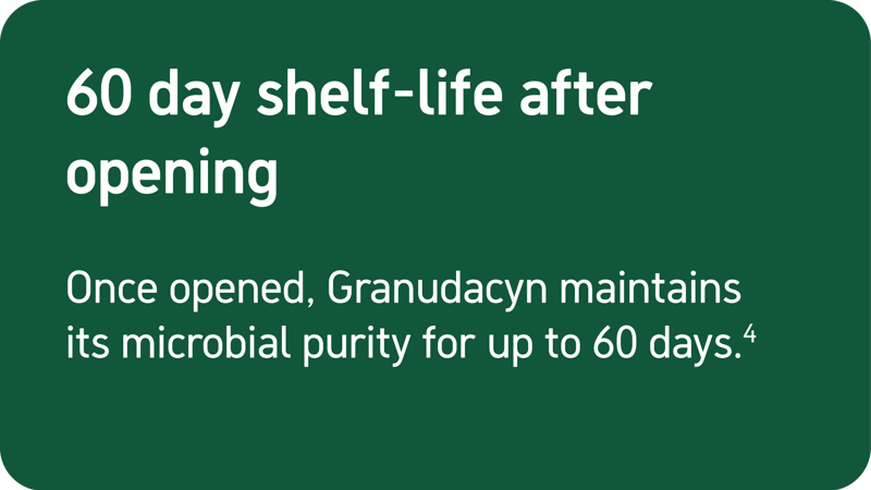 Once opened, Granudacyn maintains its microbial purity for up to 60 days.⁴